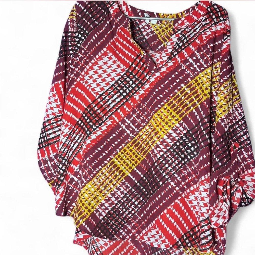 Vibrant Women's Plaid Sheer Blouse - Red, Maroon, & Yellow